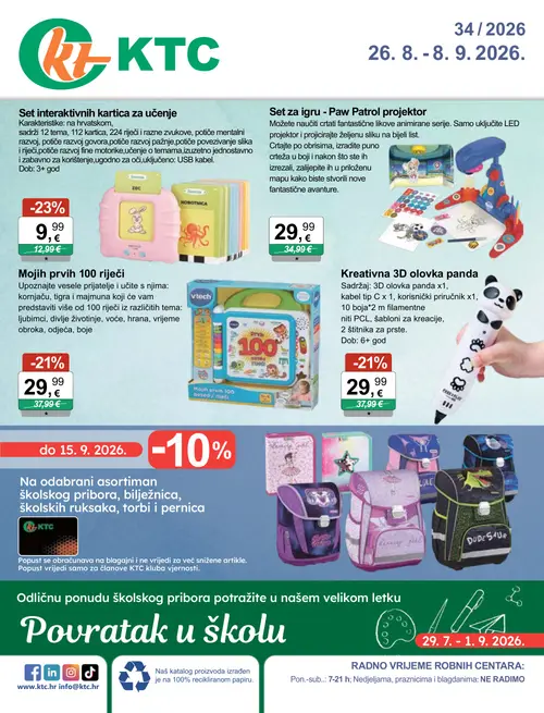 KTC katalog — stranica 1: Set interaktivnih kartica za učenje, Kreativna 3D olovka panda, vtech Mojih prvih 100 riječi, Set za igru - Paw Patrol projektor (vrijedi 26. 08. 2026.–08. 09. 2026.)