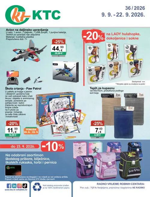 KTC katalog — stranica 1: Avion na daljinsko upravljanje, LADY hulahopke, dokoljenice i sokne, Paw Patrol Škola crtanja - Paw Patrol (vrijedi 09. 09. 2026.–22. 09. 2026.)