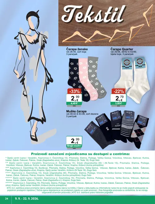 KTC katalog — stranica 12: Ženske čarape vel.36-40, sort boja, BLEUR Quarter čarape vel.35/38, 39/42 ili 43/46; bijela boja, BLEUR Muške čarape vel.39-42 ili 43-46, sort dezena (vrijedi 09. 09. 2026.–22. 09. 2026.)