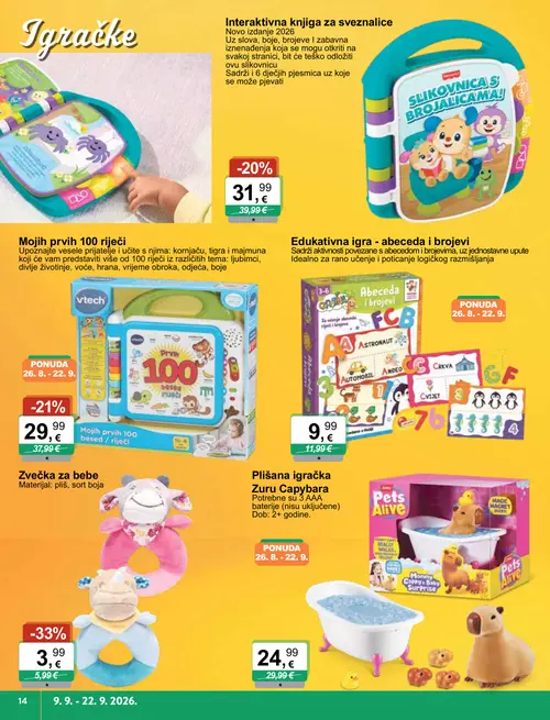 KTC katalog — stranica 2: Zvečka za bebe, Vtech Mojih prvih 100 riječi, Fisher-Price Interaktivna knjiga za sveznalice, Edukativna igra - abeceda i brojevi (vrijedi 09. 09. 2026.–22. 09. 2026.)