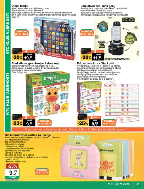 KTC katalog — stranica 3: Edukativna igra - čitaj i piši, Set interaktivnih kartica za učenje, Edukativna igra - brojevi i zbrajanje, Dječji tablet (vrijedi 09. 09. 2026.–22. 09. 2026.)