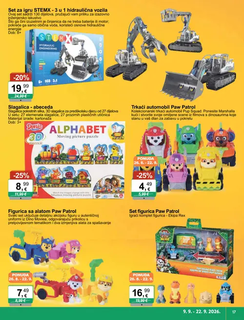 KTC katalog — stranica 5: Denis 3D Slagalica - abeceda, Paw Patrol Trkači automobil Paw Patrol, Set za igru STEMX - 3 u 1 hidraulična vozila, Paw Patrol Figurica sa alatom Paw Patrol (vrijedi 09. 09. 2026.–22. 09. 2026.)