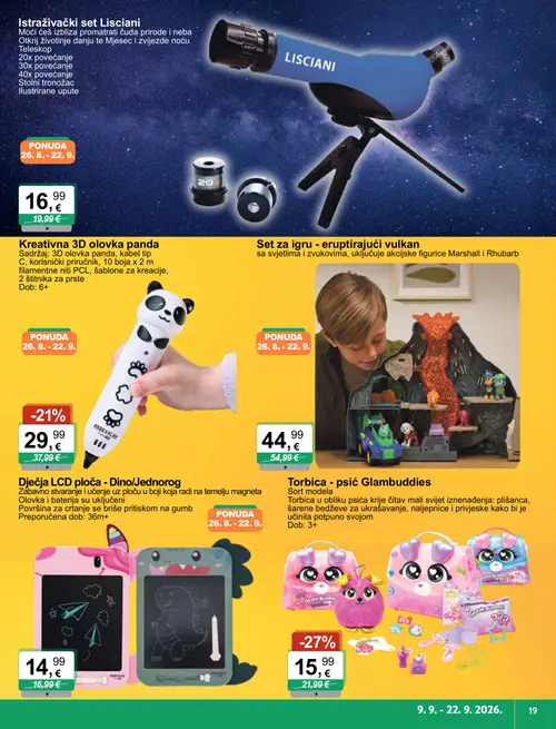 KTC katalog — stranica 7: Torbica - psić Glambuddies, Kreativna 3D olovka panda, Set za igru - eruptirajući vulkan, Istraživački set Lisciani (vrijedi 09. 09. 2026.–22. 09. 2026.)