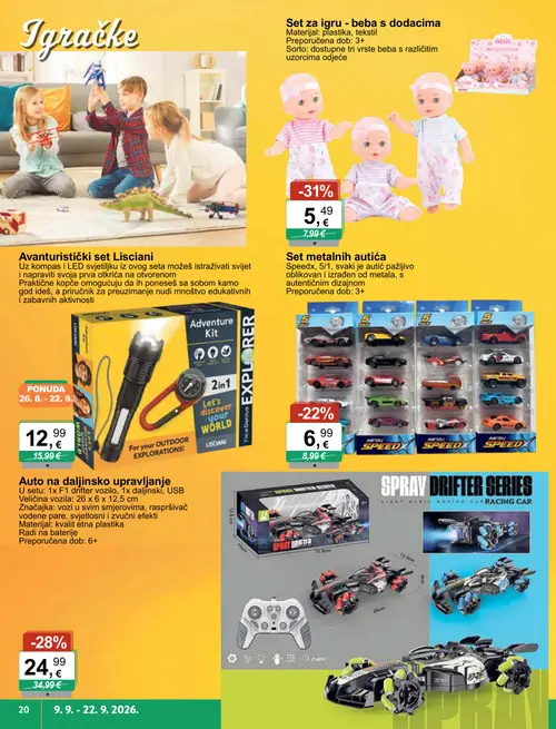 KTC katalog — stranica 8: Set za igru - beba s dodacima, Auto na daljinsko upravljanje, Set metalnih autića, Lisciani Avaturistički set (vrijedi 09. 09. 2026.–22. 09. 2026.)