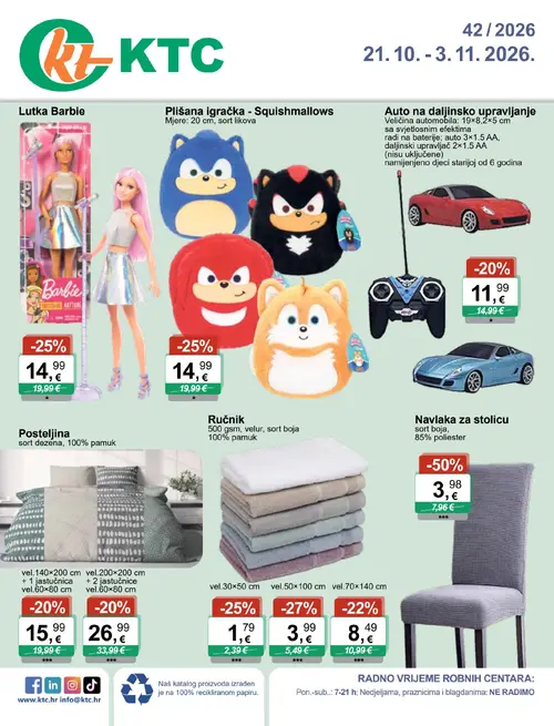 KTC katalog — stranica 1: Navlaka za stolicu, Ručnik, Ručnik, Lutka Barbie (vrijedi 21.10.–03.11.2026.)