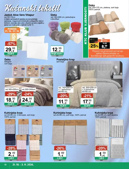 KTC katalog — stranica 10: Jastuk Aloe Vera Vitapur, Posteljna krep, Kuhinjska krpa, Kuhinjska krpa (vrijedi 21.10.–03.11.2026.)