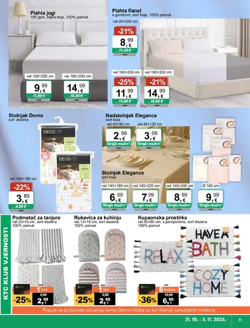 KTC katalog — stranica 11: Kupaonska prostirka, Podmetač za tanjure, Rukavica za kuhinju, Plahta flanel (vrijedi 21.10.–03.11.2026.)