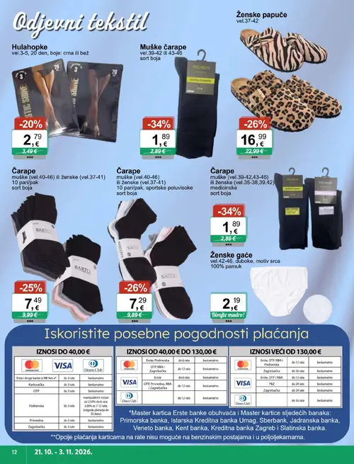 KTC katalog — stranica 12: PREMIUM Muške čarape, PREMIUM Čarape muške (vel.39-42,43-46) ili ženske (vel.35-38,39,42) medicinske sort boja, Čarape muške (vel.40-46) ili ženske (vel.37-41) 10 pari/pak, sportske poluviseoke sort boja, S.NODI Čarape muške (vel.37-41) ili ženske (vel.37-41) 10 pari/pak sort boja (vrijedi 21.10.–03.11.2026.)