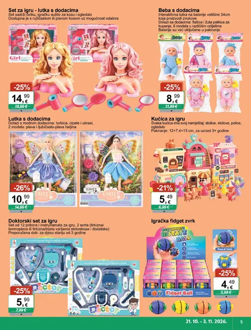 KTC katalog — stranica 5: Lutka s dodacima, Igračka fidget zvrk, Set za igru - lutka s dodacima, Doktorski set za igru (vrijedi 21.10.–03.11.2026.)