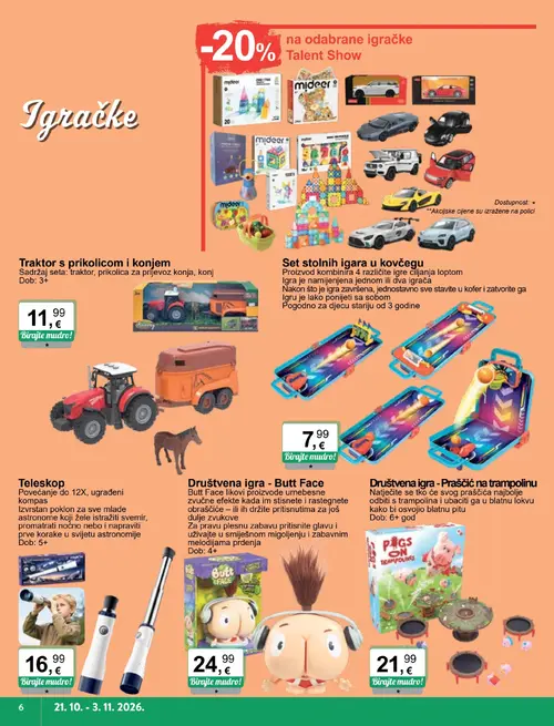 KTC katalog — stranica 6: Društvena igra - Praščić na trampolinu, Traktor s prikolicom i konjem, Teleskop, Set stolnih igara u kovčegu (vrijedi 21.10.–03.11.2026.)
