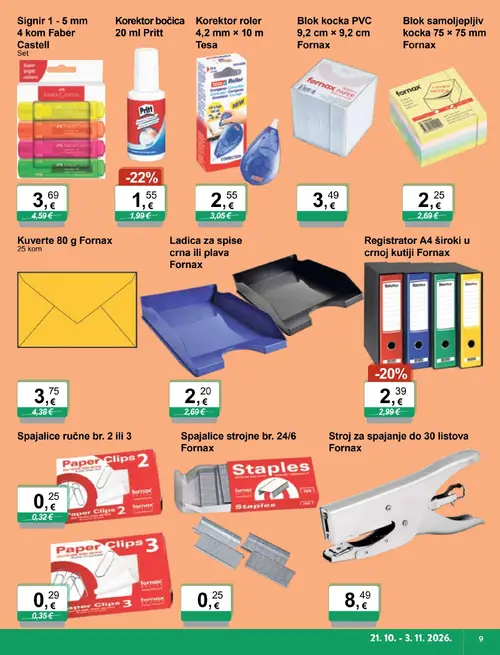 KTC katalog — stranica 9: Pritt Korektor bočica 20 ml Pritt, Spajalice ručne br. 2 ili 3, Fornax Registrator A4 široki u crnoj kutiji Fornax, Faber Castell Signir 1 - 5 mm 4 kom Faber Castell Set (vrijedi 21.10.–03.11.2026.)