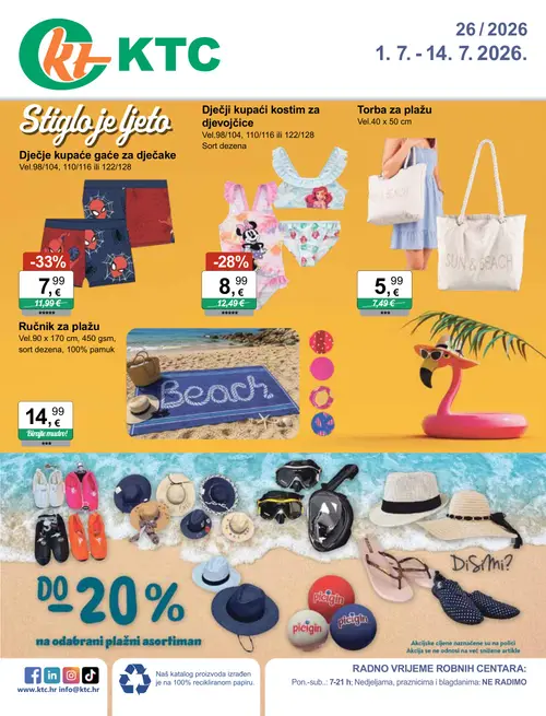 KTC katalog — stranica 1: Dječje kupaće gaće za dječake, Dječji kupaći kostim za djevojčice, Torba za plažu, Ručnik za plažu (vrijedi 01. 07. 2026.–14. 07. 2026.)