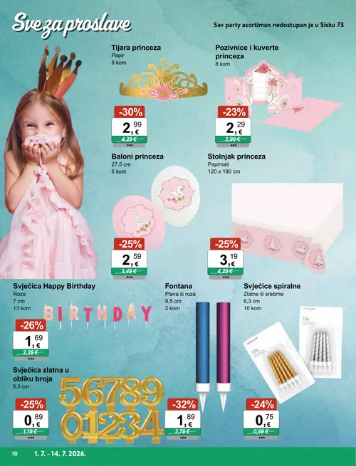 KTC katalog — stranica 10: Tijara princeza, Svjećica Happy Birthday, Baloni princeza, Stolnjak princeza (vrijedi 01. 07. 2026.–14. 07. 2026.)