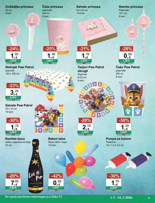 KTC katalog — stranica 11: Čaše Paw Patrol papirnate, Baloni latex Razni oblici i boje, Pumpa za balone Plastična, Salvete Paw Patrol (vrijedi 01. 07. 2026.–14. 07. 2026.)