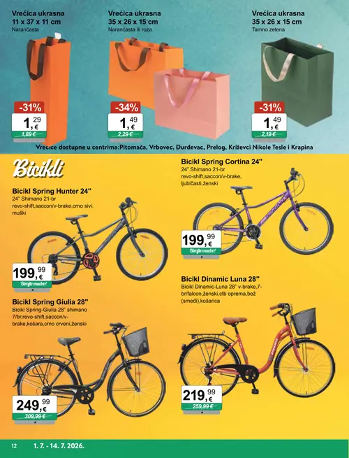 KTC katalog — stranica 12: Vrećica ukrasna 35 x 26 x 15 cm, Vrećica ukrasna 35 x 26 x 15 cm, Vrećica ukrasna 11 x 37 x 11 cm, Bicikl Spring Giulia 28" (vrijedi 01. 07. 2026.–14. 07. 2026.)