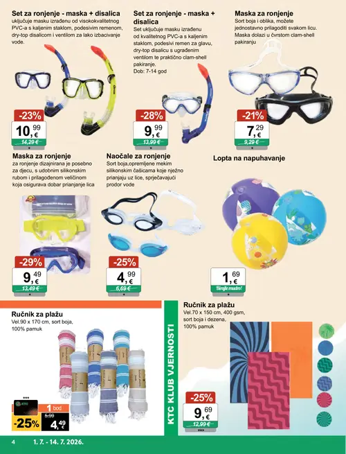 KTC katalog — stranica 4: Maska za ronjenje, Set za ronjenje - maska + disalica, Ručnik za plažu, Naočale za ronjenje (vrijedi 01. 07. 2026.–14. 07. 2026.)