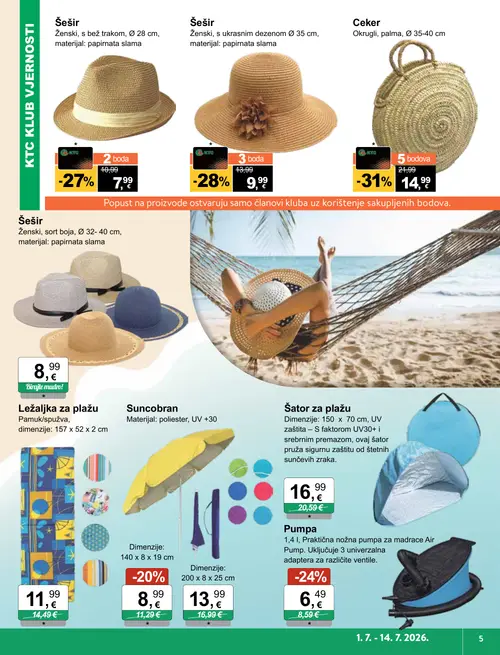 KTC katalog — stranica 5: Ležaljka za plažu, Ceker Okrugli, palma, Ø 35-40 cm, Šešir Ženski, s ukrasnim dezenom Ø 35 cm, Šešir Ženski, s bež trakom, Ø 28 cm (vrijedi 01. 07. 2026.–14. 07. 2026.)