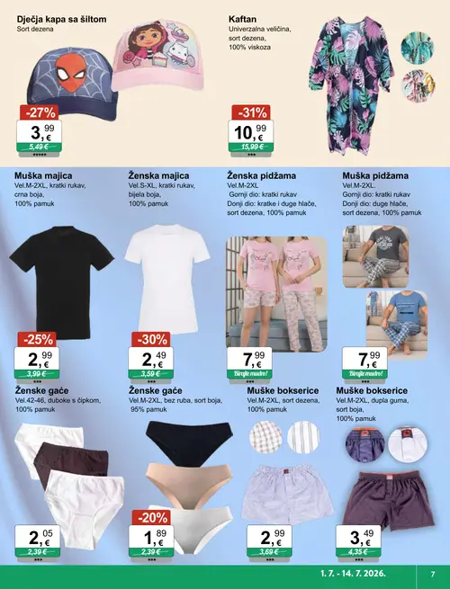 KTC katalog — stranica 7: Kaftan, Ženska majica, Dječja kapa sa šiltom, Muška majica (vrijedi 01. 07. 2026.–14. 07. 2026.)