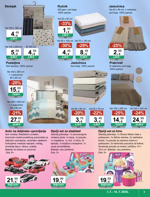 KTC katalog — stranica 9: Ručnik Vel.30 x 50 cm, Ručnik Vel.50 x 100 cm, Ručnik Vel.70 x 140 cm, Jastučnica Vel.40 x 60 cm (vrijedi 01. 07. 2026.–14. 07. 2026.)