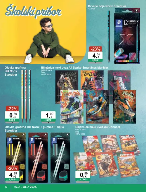 KTC katalog — stranica 10: Staedtler Drvene boje Norix Staedtler, Norix Olovka grafitna HB Norix, Norix Olovka grafitna HB Norix + gumica + šiljilo, Bilježnica meki uvez A4 Connect (vrijedi 15. 07. 2026.–28. 07. 2026.)