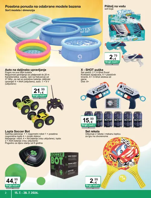 KTC katalog — stranica 2: Tenis set, Lopta Soccer Bot, X-SHOT puška, Auto na daljinsko upravljanje (vrijedi 15. 07. 2026.–28. 07. 2026.)