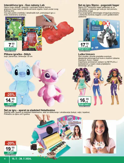 KTC katalog — stranica 4: Plišana igračka - Stitch, Heladissimo Set za igru - aparat za sladoled Heladissimo, Lutka Unicorn, STEMX Set za igru Stemx - pogonski bager (vrijedi 15. 07. 2026.–28. 07. 2026.)
