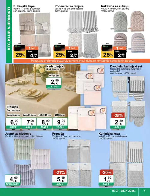 KTC katalog — stranica 7: Dvodjelni kuhinjski set, KTC Podmetač za tanjure, KTC Rukavica za kuhinju, KTC Kuhinjska krpa (vrijedi 15. 07. 2026.–28. 07. 2026.)