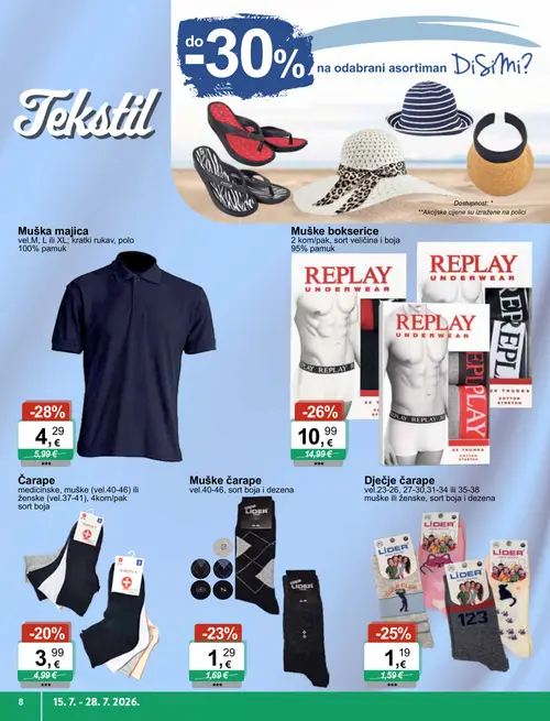 KTC katalog — stranica 8: Muška majica, REPLAY Muške bokserice, LIDER Dječje čarape, LIDER Muške čarape (vrijedi 15. 07. 2026.–28. 07. 2026.)