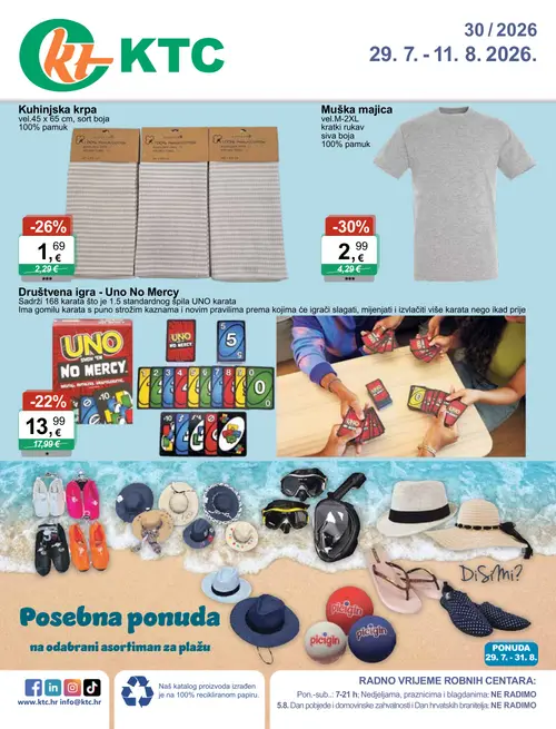 KTC katalog — stranica 1: Muška majica, Kuhinjska krpa, UNO Društvena igra - Uno No Mercy (vrijedi 29. 07. 2026.–11. 08. 2026.)
