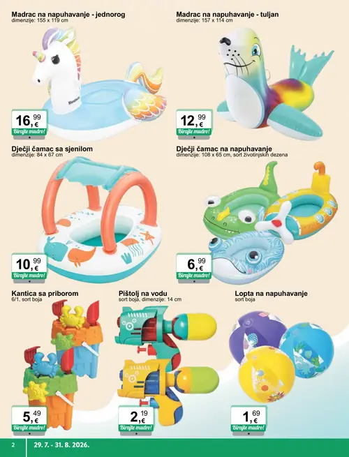 KTC katalog — stranica 2: Lopta na napuhavanje, Pištolj na vodu, Kantica sa priborom, Dječji čamac na napuhavanje (vrijedi 29. 07. 2026.–11. 08. 2026.)