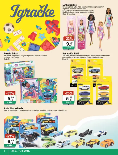 KTC katalog — stranica 6: Disney Puzzle Stitch, RMZ City Set autića RMZ, Hot Wheels Autić Hot Wheels, Barbie Lutka Barbie (vrijedi 29. 07. 2026.–11. 08. 2026.)