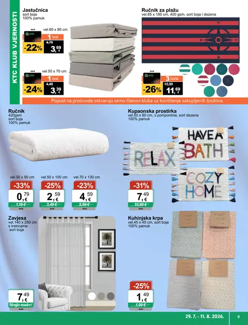 KTC katalog — stranica 9: Ručnik vel.30 x 50 cm, Kupaonska prostirka vel.50 x 80 cm, s pomponima, sort dezena, Ručnik za plažu vel.85 x 180 cm, 400 gsm, sort boja i dezena, Ručnik vel.50 x 100 cm (vrijedi 29. 07. 2026.–11. 08. 2026.)