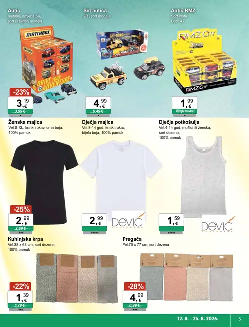 KTC katalog — stranica 5: Pregača, Ženska majica, Set autića, Kuhinjska krpa (vrijedi 12. 08. 2026.–25. 08. 2026.)