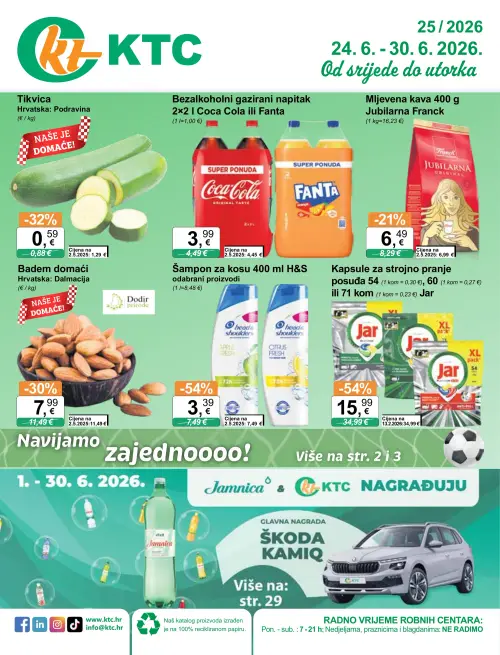KTC katalog — stranica 1: H&S Šampon za kosu 400 ml H&S odabrani proizvodi, H&S Šampon za kosu 400 ml H&S odabrani proizvodi, Jar Kapsule za strojno pranje posuđa 54 kom Jar, Jar Kapsule za strojno pranje posuđa 71 kom Jar (vrijedi 24. 06. 2026.–30. 06. 2026.)