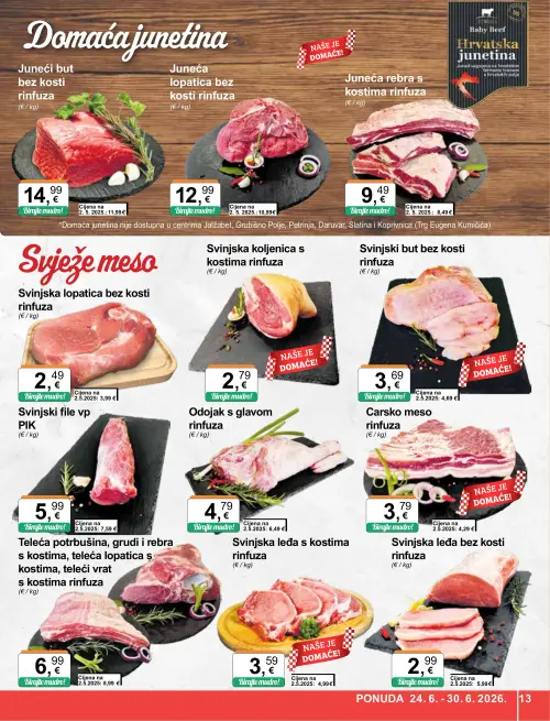 KTC katalog — stranica 13: Svinjska leđa bez kosti rinfuza, Svinjska lopatica bez kosti rinfuza, Svinjska koljenica s kostima rinfuza, Svinjska leđa s kostima rinfuza (vrijedi 24. 06. 2026.–30. 06. 2026.)