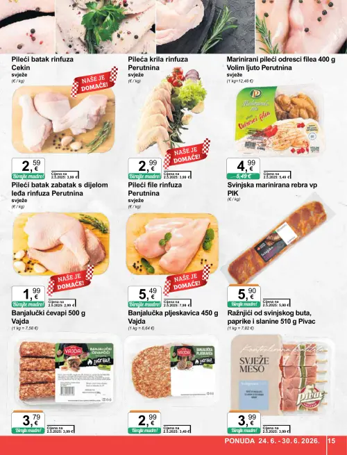 KTC katalog — stranica 15: Cekin Pileći batak rinfuza, Vajda Banjalučki ćevapi 500 g, Vajda Banjalučka pljeskavica 450 g, Perutnina Pileća krila rinfuza (vrijedi 24. 06. 2026.–30. 06. 2026.)