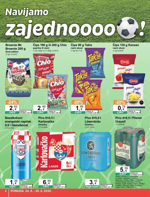 KTC katalog — stranica 2: Brownie Mr. Brownie 200 g, Kanaan Čips 130 g, Takis Čips 90 g, Chio Čips 190 g (vrijedi 24. 06. 2026.–30. 06. 2026.)