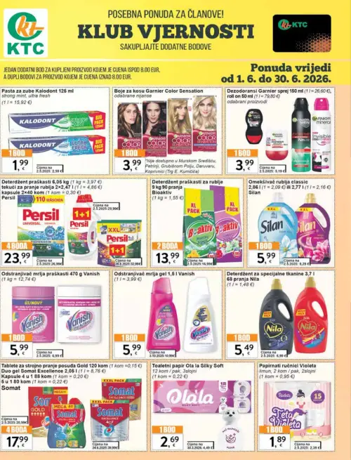 KTC katalog — stranica 20: Ola la Toaletni papir Ola la Silky Soft 12 kom / pak, Silan Omekšivač rublja classic, Kalodont Pasta za zube Kalodont 125 ml, Garnier Dezodoransi Garnier sprej 150 ml (vrijedi 24. 06. 2026.–30. 06. 2026.)