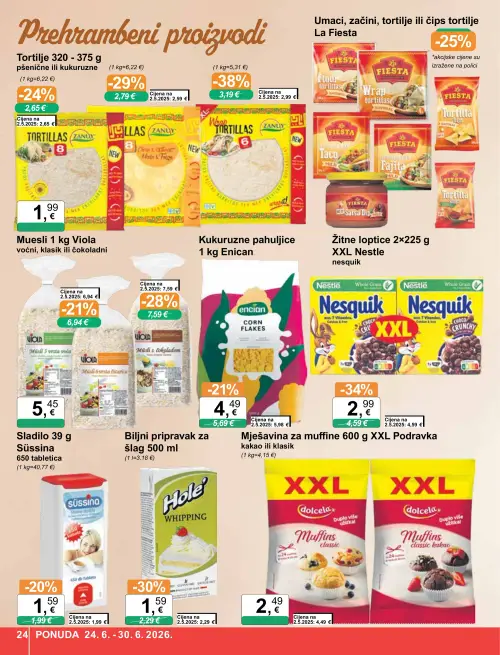 KTC katalog — stranica 24: Dolcela Mješavina za muffine kakao ili klasik, Nestle Nestle Nesquik Choco Crunch XXL, Biljni pripravak za šlag, Enican Kukuruzne pahuljice (vrijedi 24. 06. 2026.–30. 06. 2026.)