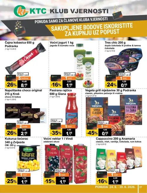 KTC katalog — stranica 27: Podravka Vegeta grill mješavine, Giana Pasirana rajčica, Kraš Napolitanke choco original, Podravka Čajna kobasica (vrijedi 24. 06. 2026.–30. 06. 2026.)
