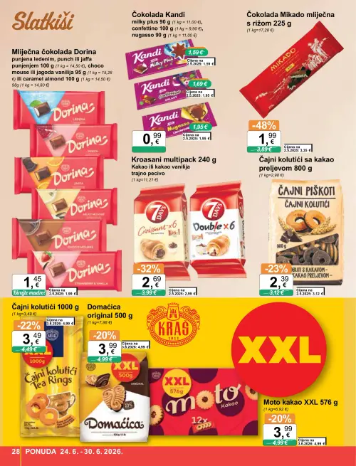 KTC katalog — stranica 28: Kandi Čokolada Kandi nugasso 90 g, Mikado Čokolada Mikado mliječna s rižom 225 g, Kroasani multipack 240 g kakao ili kakao vanilija trajno pecivo, Dorina Mliječna čokolada Dorina punjena ledenim, punch ili jaffa punjenjem 100 g (vrijedi 24. 06. 2026.–30. 06. 2026.)