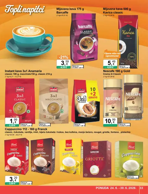 KTC katalog — stranica 33: Barcaffè Mljevena kava Barcaffè, Kavica Mljevena kava Kavica classic, Franck Cafe Franck Cafe Cappuccino Classic (vrijedi 24. 06. 2026.–30. 06. 2026.)
