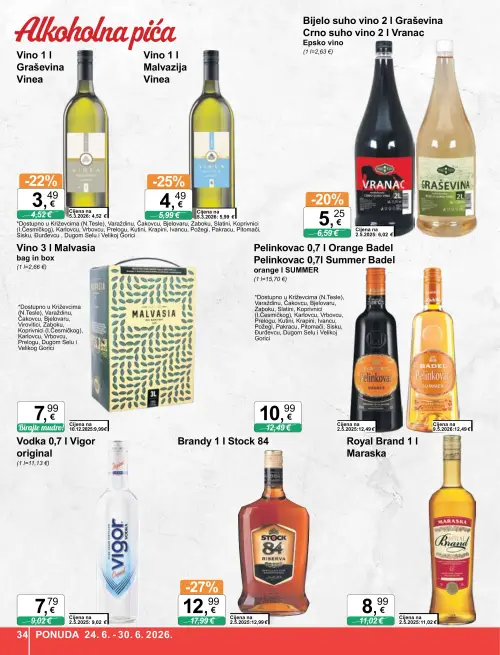 KTC katalog — stranica 34: Vinea Vino Malvazija 1 l, Vinea Vino Graševina 1 l, Maraska Royal Brand 1 l (vrijedi 24. 06. 2026.–30. 06. 2026.)