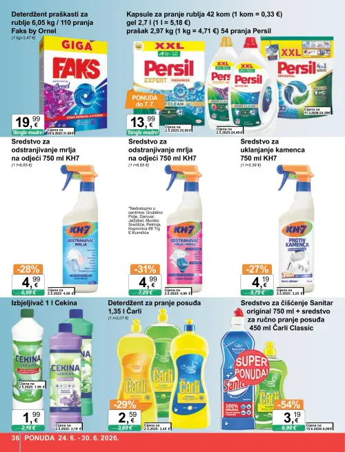 KTC katalog — stranica 36: Čarli Classic Sredstvo za čišćenje Sanitar original + sredstvo za ručno pranje posuđa Čarli Classic, KH7 Sredstvo za odstranjivanje mrlja i mirisa KH7, Čarli Deterdžent za pranje posuđa Čarli, KH7 Sredstvo za odstranjivanje mrlja na odjeći KH7 (vrijedi 24. 06. 2026.–30. 06. 2026.)