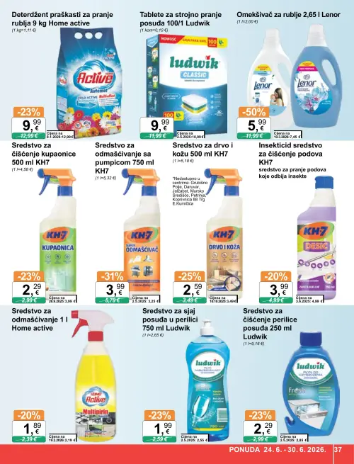 KTC katalog — stranica 37: KH7 Sredstvo za odmašćivanje sa pumpicom 750 ml KH7, KH7 Sredstvo za drvo i kožu 500 ml KH7, Ludwik Sredstvo za čišćenje perilice posuđa 250 ml Ludwik, KH7 Sredstvo za čišćenje kupaonice 500 ml KH7 (vrijedi 24. 06. 2026.–30. 06. 2026.)