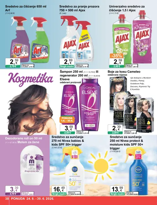 KTC katalog — stranica 38: Ajax Sredstvo za pranje prozora 750 ml + 500 ml Ajax, Ajax Univerzalno sredstvo za čišćenje 1,5 l Ajax, Nivea Sredstvo za sunčanje 270 ml Nivea babies & kids SPF 50+ trigger, Nivea Sredstvo za sunčanje 250 ml Nivea protect & moisture kids SPF 50+ trigger (vrijedi 24. 06. 2026.–30. 06. 2026.)