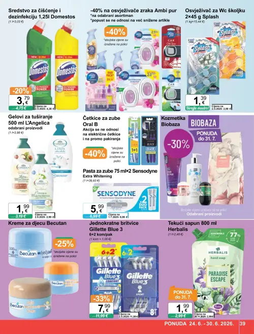 KTC katalog — stranica 39: Splash Osvježivač za WC školjku Splash, L'Angelica Gelovi za tuširanje, Herbalis Tekući sapun, Gillette Blue 3 Jednokranatne britvice (vrijedi 24. 06. 2026.–30. 06. 2026.)