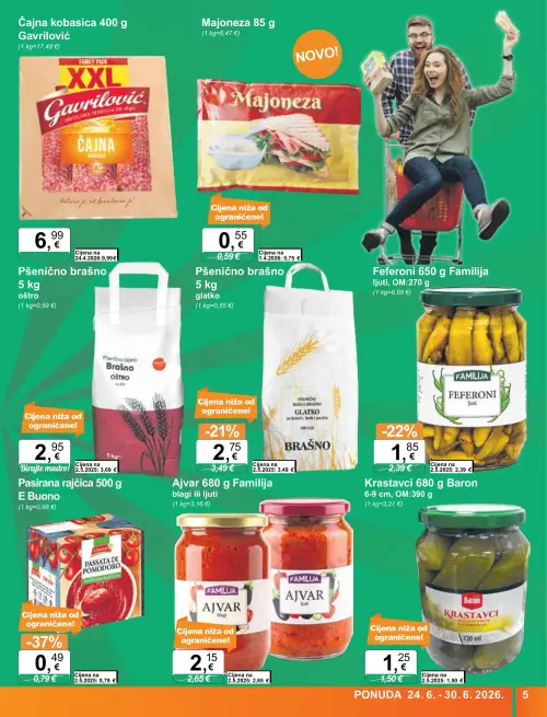 KTC katalog — stranica 5: Pšenično brašno glatko 5 kg, Familija Feferoni 650 g ljuti, OM:270 g, E Buono Pasirana rajčica 500 g, Familija Ajvar blagi 680 g (vrijedi 24. 06. 2026.–30. 06. 2026.)