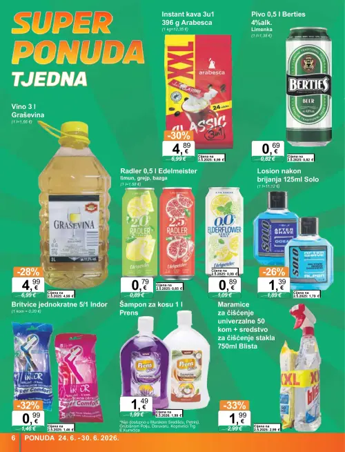KTC katalog — stranica 6: BLISTA Maramice za čišćenje univerzalne 50 kom + sredstvo za čišćenje stakla 750ml Blista, Indor Britvice jednokratne 5/1 Indor, Instant kava 3u1 396 g Arabesca, Vino 3 l Graševina (vrijedi 24. 06. 2026.–30. 06. 2026.)