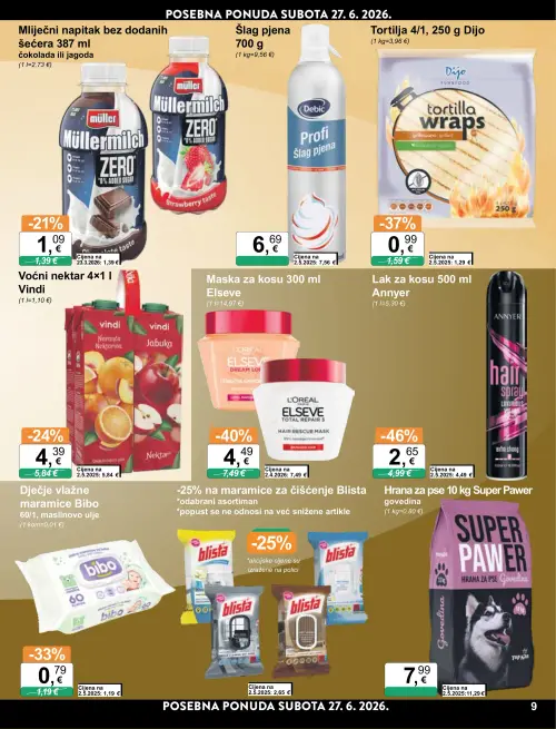 KTC katalog — stranica 9: Annyer Lak za kosu 500 ml, Elseve Maska za kosu 300 ml, Dijo Tortilja 4/1, 250 g, bibo Dječje vlažne maramice Bibo 60/1, maslinovo ulje (vrijedi 24. 06. 2026.–30. 06. 2026.)